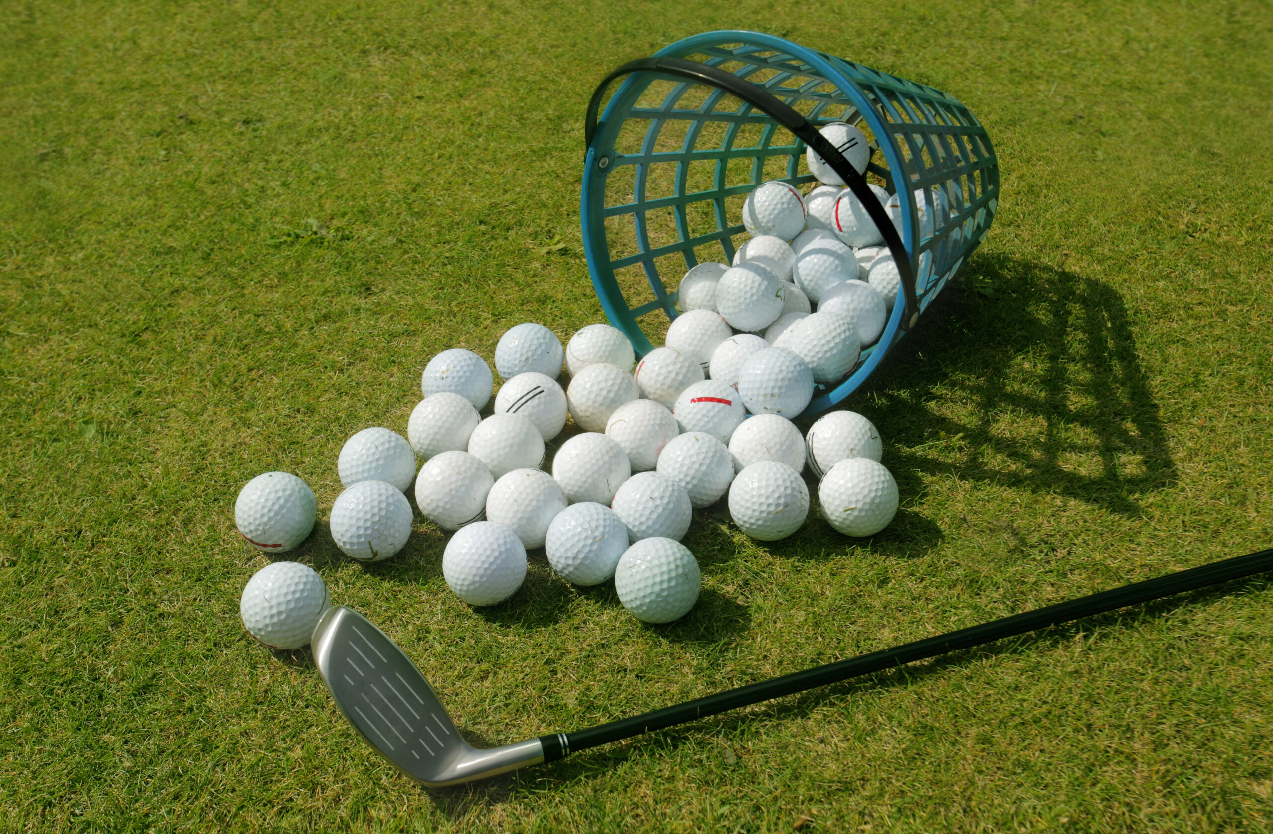 Golf balls are spilling out of a range basket onto the grass.